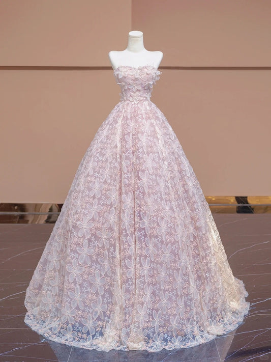 Fabulous A-Line Strapless Evening Gowns Applique Tulle Sequins Crystal Prom Dress AP2303