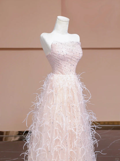 Cute A-Line Evening Gowns Strapless Feather Sequins Crystal Prom Dress AP2304