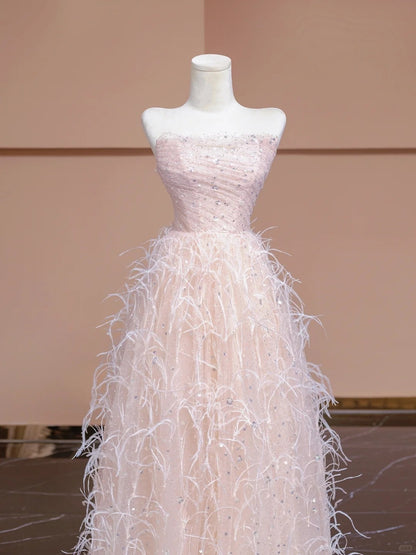 Cute A-Line Evening Gowns Strapless Feather Sequins Crystal Prom Dress AP2304