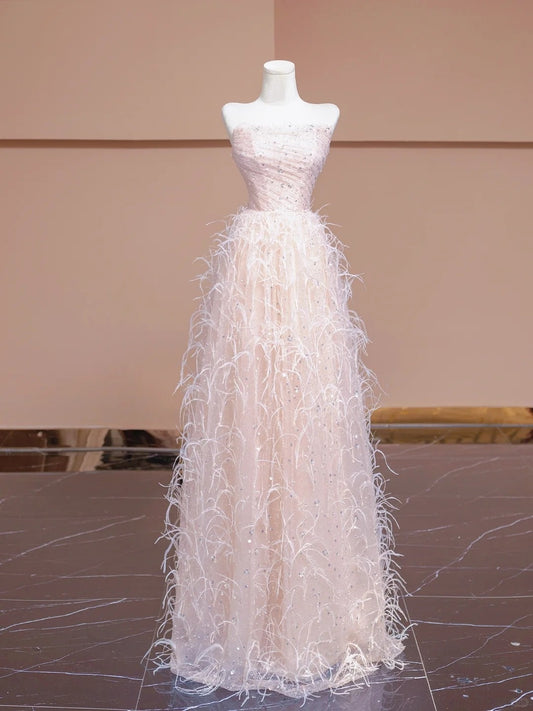 Cute A-Line Evening Gowns Strapless Feather Sequins Crystal Prom Dress AP2304