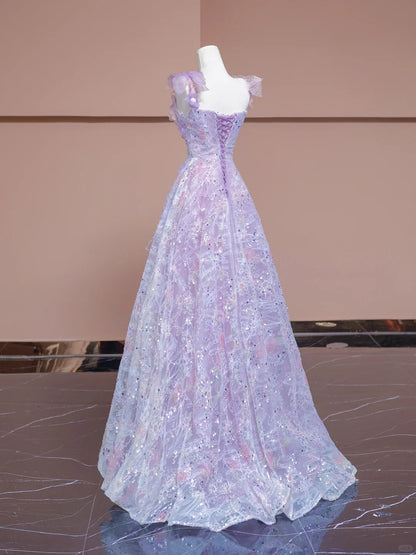 Luxurious A-Line Square Neck Purple Evening Gowns Applique Sequins Beading Prom Dress AP2305