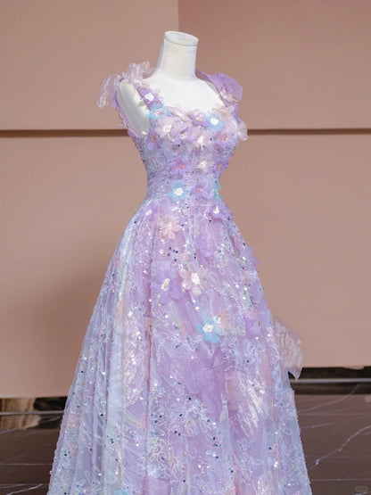 Luxurious A-Line Square Neck Purple Evening Gowns Applique Sequins Beading Prom Dress AP2305