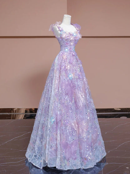 Luxurious A-Line Square Neck Purple Evening Gowns Applique Sequins Beading Prom Dress AP2305