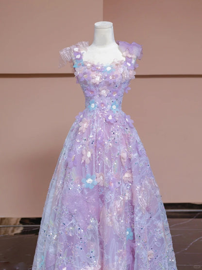 Luxurious A-Line Square Neck Purple Evening Gowns Applique Sequins Beading Prom Dress AP2305