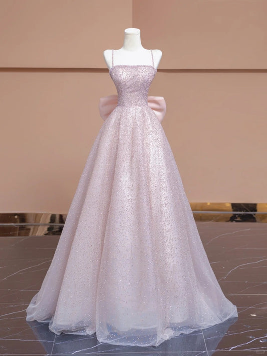 Sweet A-Line Spaghetti Strap Evening Gowns Bow Back Beading Sequins Tulle Prom Dress AP2307