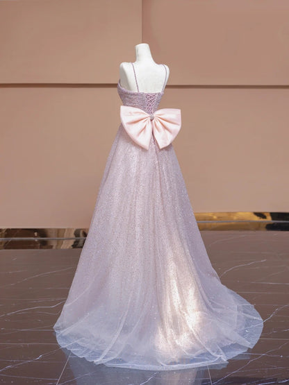 Sweet A-Line Spaghetti Strap Evening Gowns Bow Back Beading Sequins Tulle Prom Dress AP2307