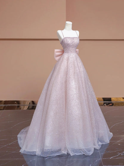 Sweet A-Line Spaghetti Strap Evening Gowns Bow Back Beading Sequins Tulle Prom Dress AP2307