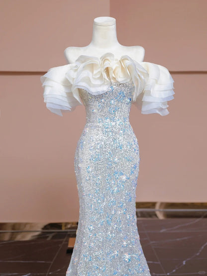 Charming Off-Shoulder Ruffled Mermaid Evening Gowns Floral Beading Sequins Prom Dress AP2308