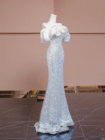 Charming Off-Shoulder Ruffled Mermaid Evening Gowns Floral Beading Sequins Prom Dress AP2308