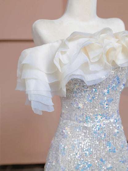 Charming Off-Shoulder Ruffled Mermaid Evening Gowns Floral Beading Sequins Prom Dress AP2308