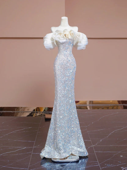 Charming Off-Shoulder Ruffled Mermaid Evening Gowns Floral Beading Sequins Prom Dress AP2308