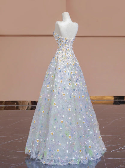 Dreamy Strapless A-Line Evening Gowns Applique Tulle Sequins Beading Prom Dress AP2309