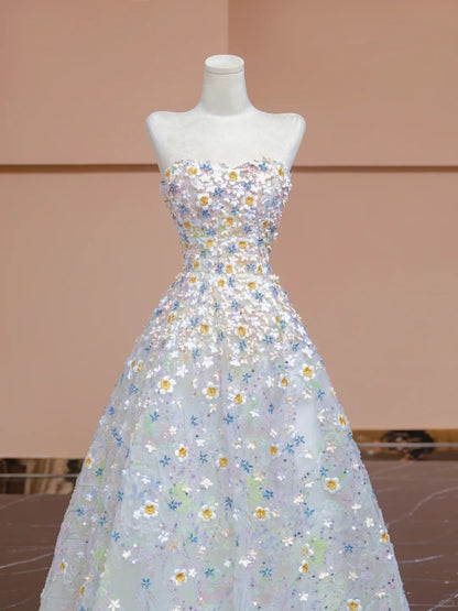 Dreamy Strapless A-Line Evening Gowns Applique Tulle Sequins Beading Prom Dress AP2309