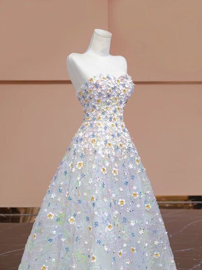 Dreamy Strapless A-Line Evening Gowns Applique Tulle Sequins Beading Prom Dress AP2309