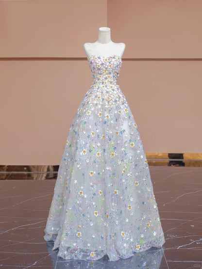 Dreamy Strapless A-Line Evening Gowns Applique Tulle Sequins Beading Prom Dress AP2309