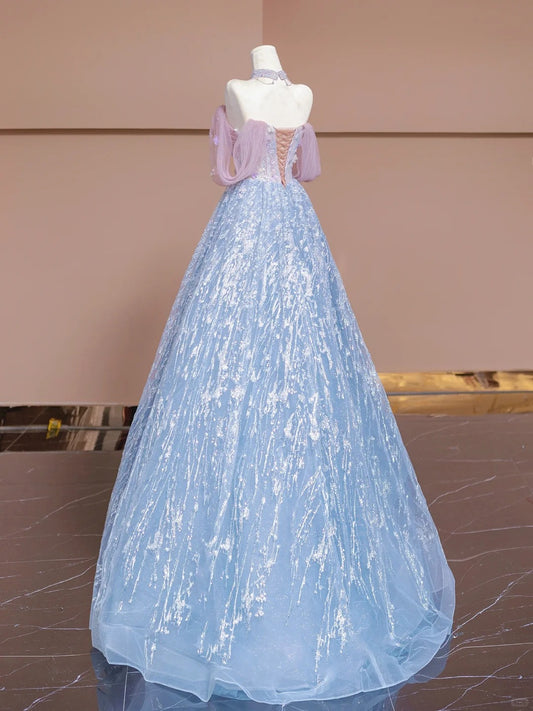 Ethereal A-Line Off-Shoulder Beading Evening Gowns Sequins Appliques Tulle Prom Dress AP2310