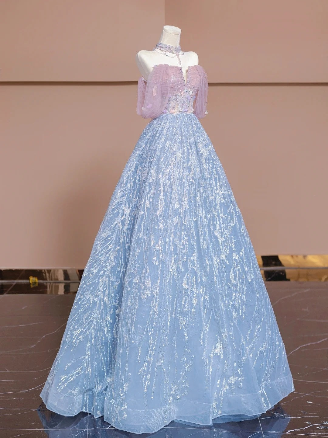 Ethereal A-Line Off-Shoulder Beading Evening Gowns Sequins Appliques Tulle Prom Dress AP2310