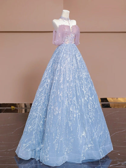 Ethereal A-Line Off-Shoulder Beading Evening Gowns Sequins Appliques Tulle Prom Dress AP2310