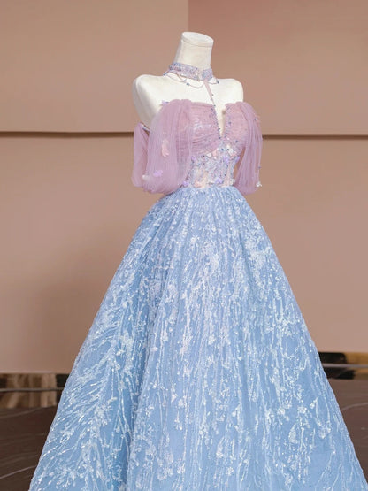 Ethereal A-Line Off-Shoulder Beading Evening Gowns Sequins Appliques Tulle Prom Dress AP2310