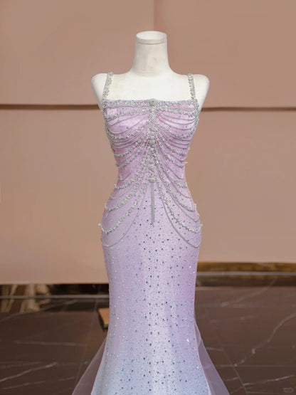 Luxurious Spaghetti Straps Ombre Formal Dresses Tulle Beading Crystals Mermaid Prom Dress AP2312