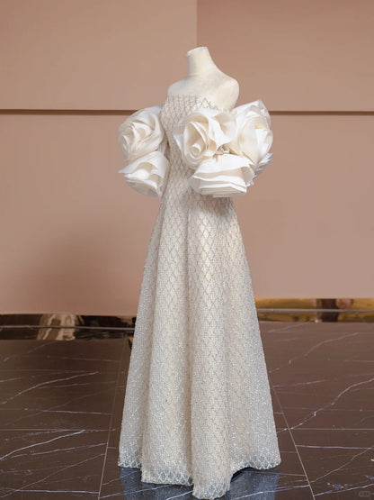 Vintage Strapless A-Line Evening Gowns Floral Shawl Beading Prom Dress AP2313