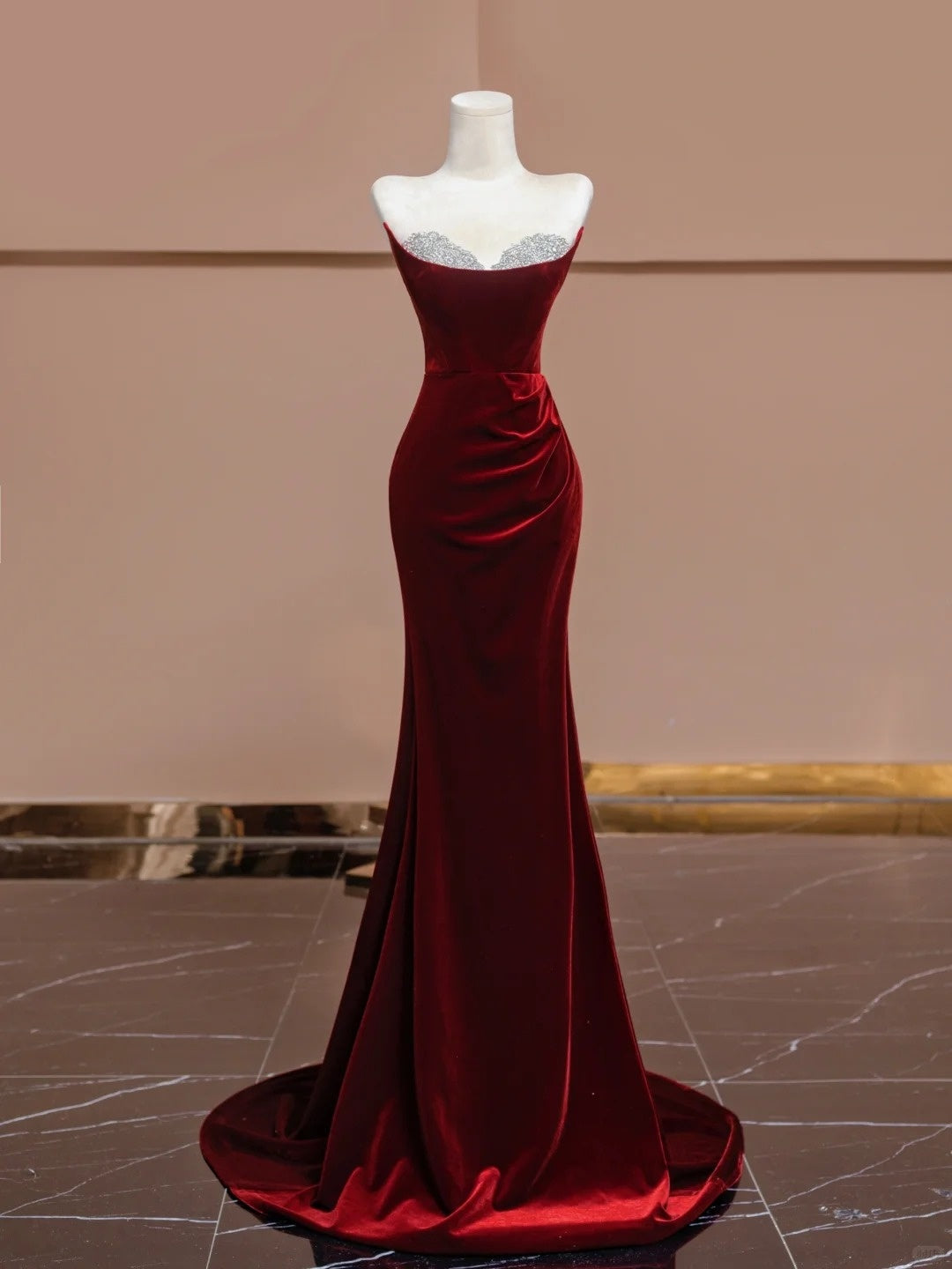 Charming Strapless Velvet Red Evening Gowns Mermaid Rhinestone Beading Prom Dress AP2316