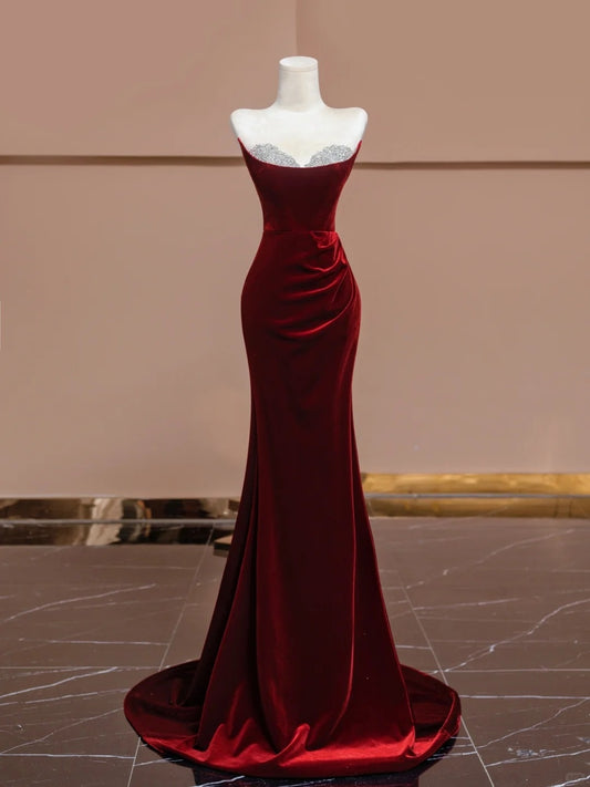 Charming Strapless Velvet Red Evening Gowns Mermaid Rhinestone Beading Prom Dress AP2316
