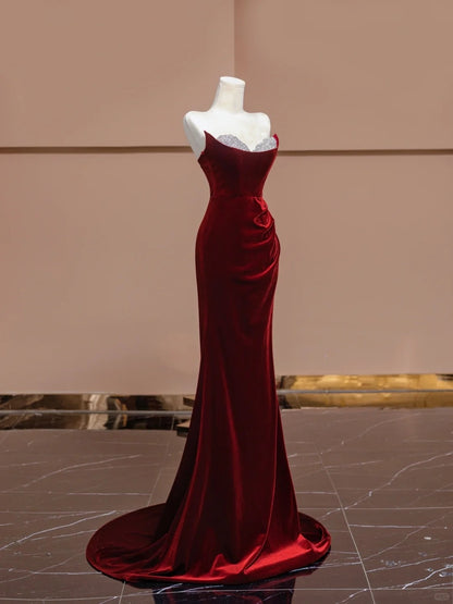 Charming Strapless Velvet Red Evening Gowns Mermaid Rhinestone Beading Prom Dress AP2316