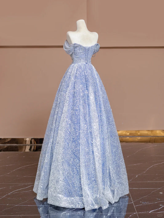 Elegant A-Line Off-Shoulder Evening Gowns Blue Beading Sequins Tulle Prom Dress AP2318