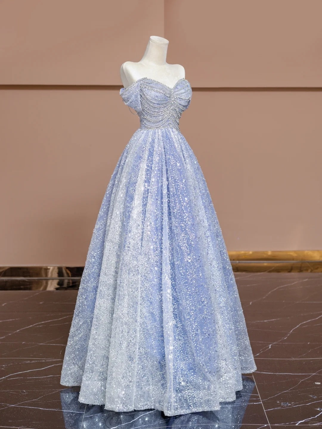 Elegant A-Line Off-Shoulder Evening Gowns Blue Beading Sequins Tulle Prom Dress AP2318