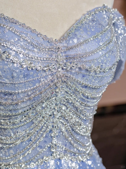 Elegant A-Line Off-Shoulder Evening Gowns Blue Beading Sequins Tulle Prom Dress AP2318