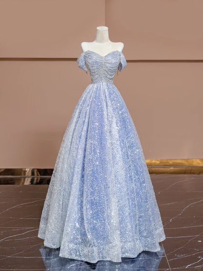 Elegant A-Line Off-Shoulder Evening Gowns Blue Beading Sequins Tulle Prom Dress AP2318