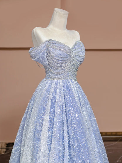 Elegant A-Line Off-Shoulder Evening Gowns Blue Beading Sequins Tulle Prom Dress AP2318