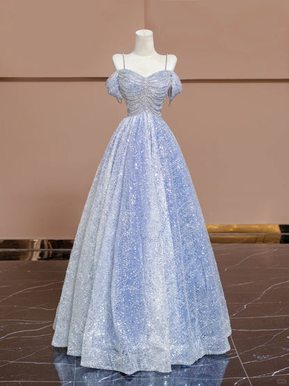 Elegant A-Line Off-Shoulder Evening Gowns Blue Beading Sequins Tulle Prom Dress AP2318
