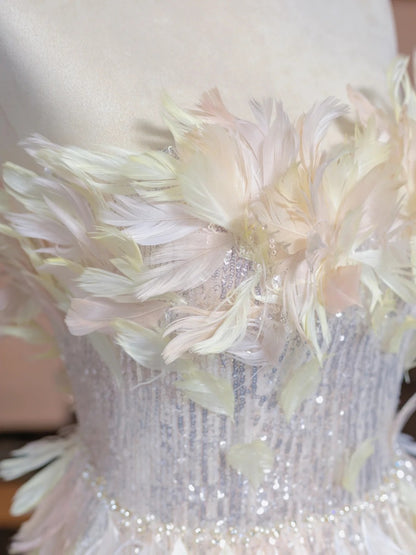 Graceful Strapless A-Line Evening Gowns Feather Sequins Prom Dress AP2319