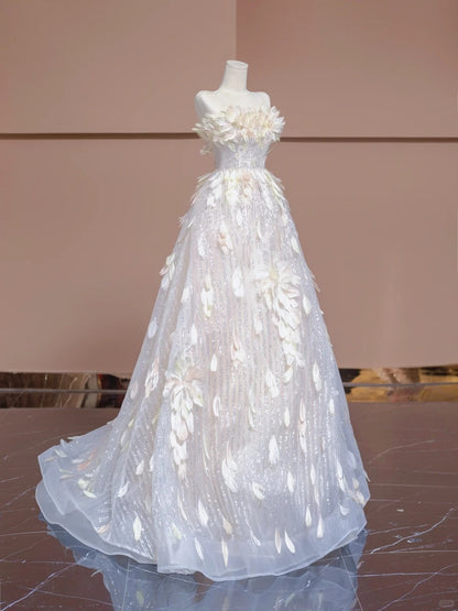 Graceful Strapless A-Line Evening Gowns Feather Sequins Prom Dress AP2319