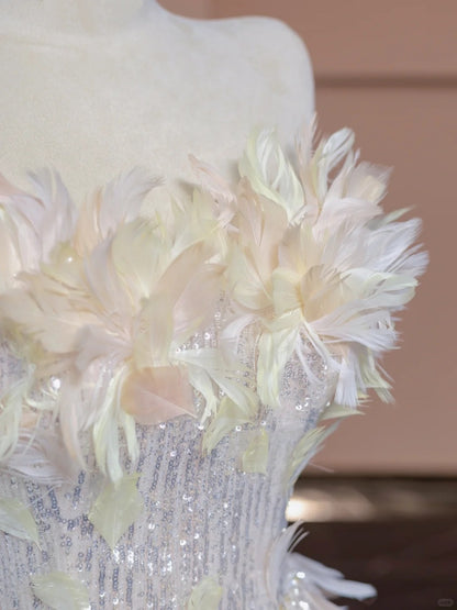 Graceful Strapless A-Line Evening Gowns Feather Sequins Prom Dress AP2319