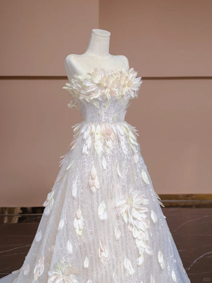 Graceful Strapless A-Line Evening Gowns Feather Sequins Prom Dress AP2319