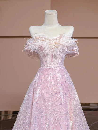 Exquisite A-Line Off-Shoulder Evening Gowns Beading Sequins Feather Pink Prom Dress AP2321