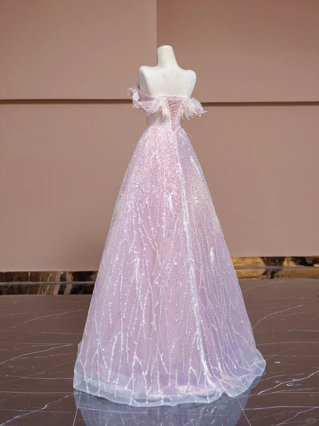 Exquisite A-Line Off-Shoulder Evening Gowns Beading Sequins Feather Pink Prom Dress AP2321