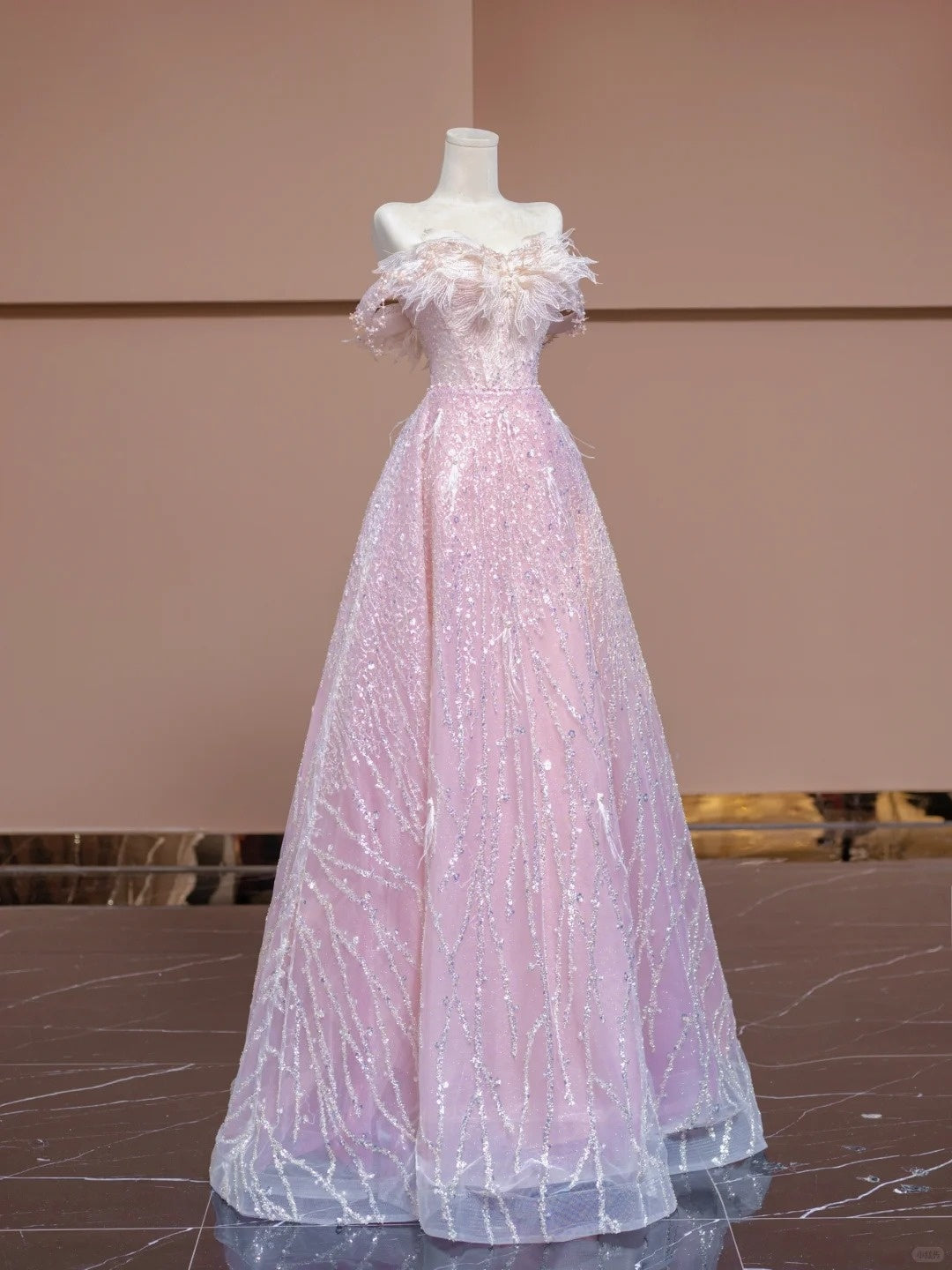 Exquisite A-Line Off-Shoulder Evening Gowns Beading Sequins Feather Pink Prom Dress AP2321