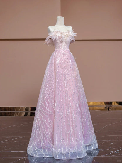 Exquisite A-Line Off-Shoulder Evening Gowns Beading Sequins Feather Pink Prom Dress AP2321