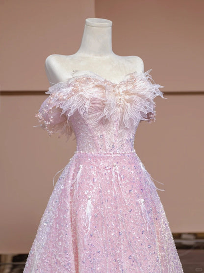 Exquisite A-Line Off-Shoulder Evening Gowns Beading Sequins Feather Pink Prom Dress AP2321
