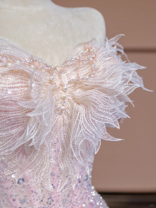 Exquisite A-Line Off-Shoulder Evening Gowns Beading Sequins Feather Pink Prom Dress AP2321