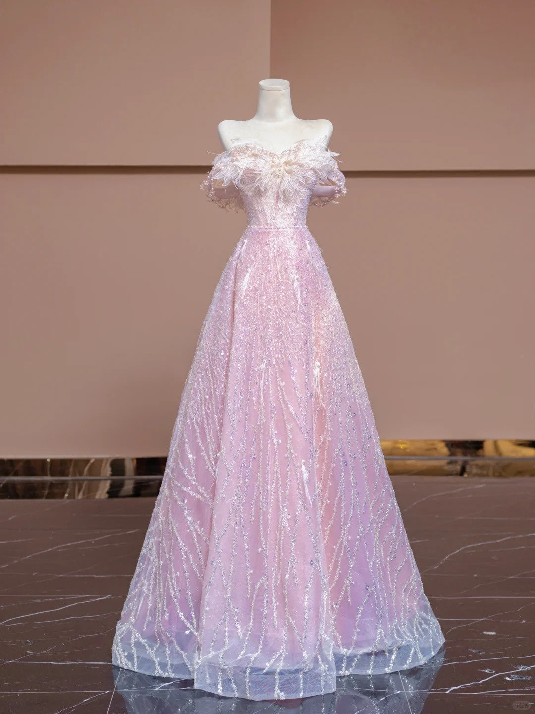 Exquisite A-Line Off-Shoulder Evening Gowns Beading Sequins Feather Pink Prom Dress AP2321