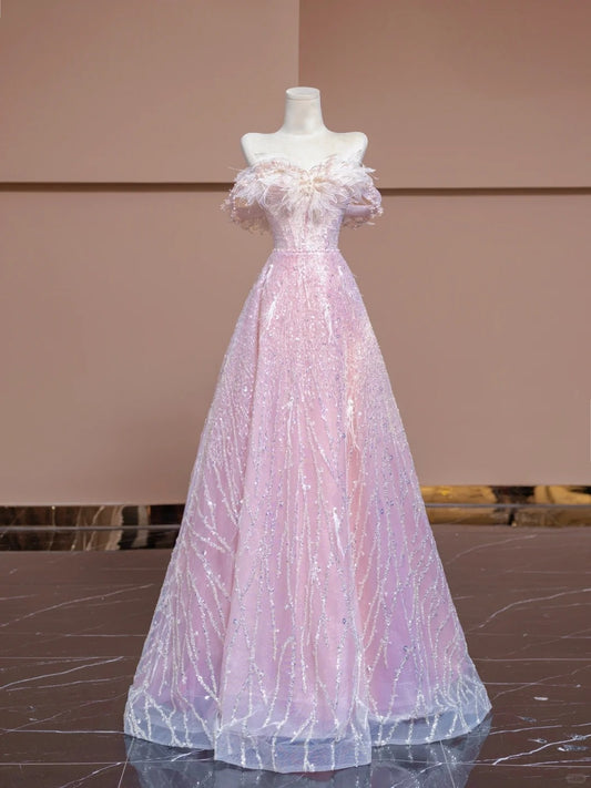 Exquisite A-Line Off-Shoulder Evening Gowns Beading Sequins Feather Pink Prom Dress AP2321