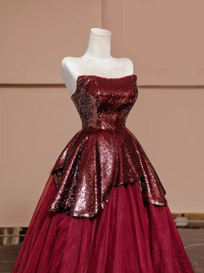 Stunning Red A-Line Strapless Evening Gowns Ruffled Sequins Tulle Prom Dress AP2322