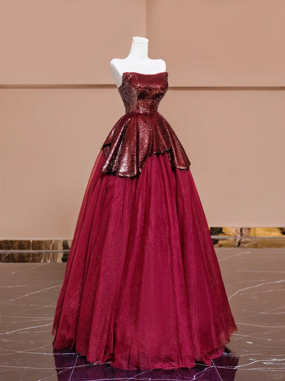 Stunning Red A-Line Strapless Evening Gowns Ruffled Sequins Tulle Prom Dress AP2322