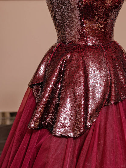 Stunning Red A-Line Strapless Evening Gowns Ruffled Sequins Tulle Prom Dress AP2322