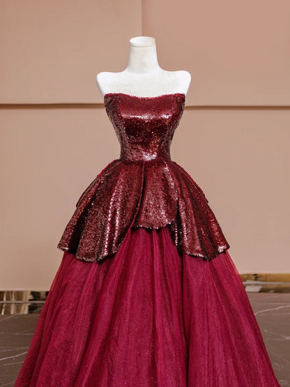 Stunning Red A-Line Strapless Evening Gowns Ruffled Sequins Tulle Prom Dress AP2322